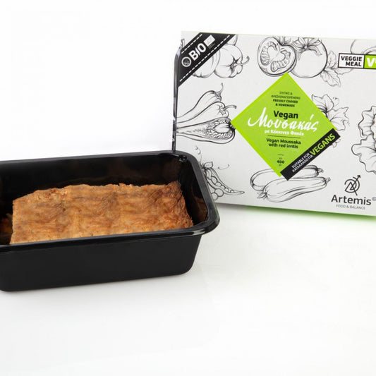 Vegan μουσακάς με σάλτσα από κόκκινες φακές 400gr
